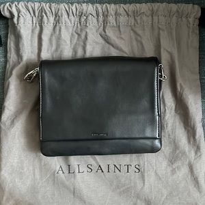 All Saints black leather clutch with crossbody chain option